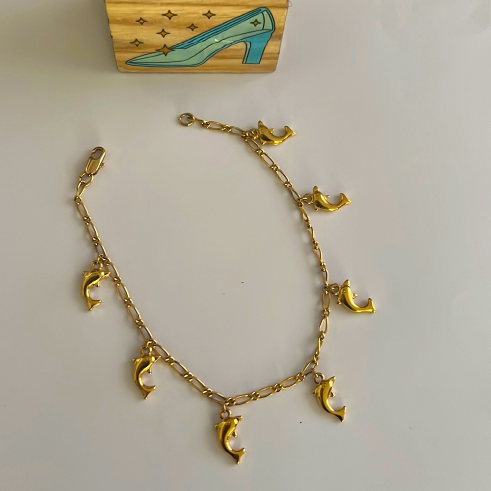 Vintage Gold Tone Dolphin Dangling Drop Bracelet